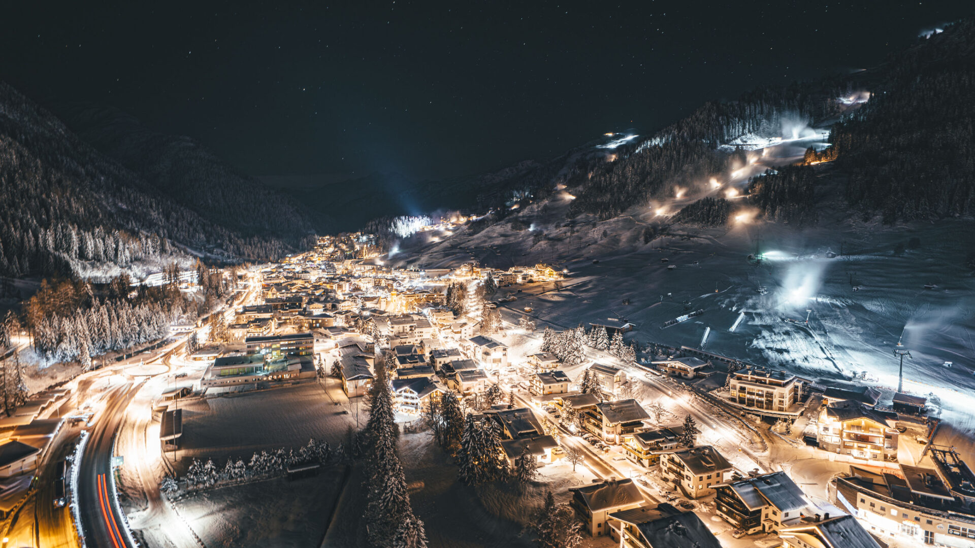 Aerial view of St Anton at night in winter