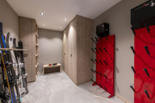 Ski room with heated boot racks at Chalet Altius in Meribel