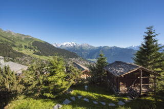 View over Veriber toward the Combins massif from the garden at Chalet Bibi in Verbier