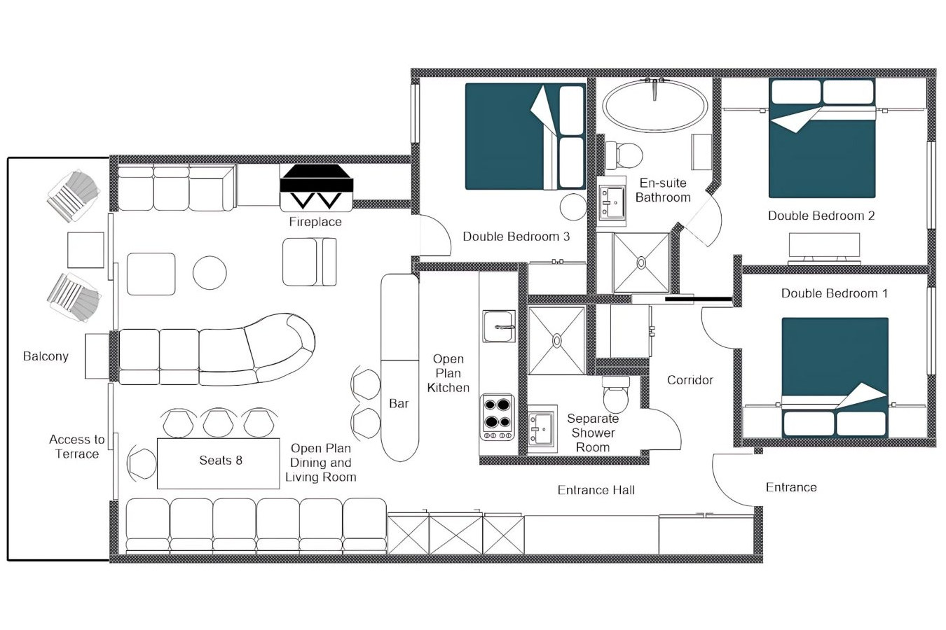 Apartment Bisous Bisous Verbier floor plan of second floor apartment.
