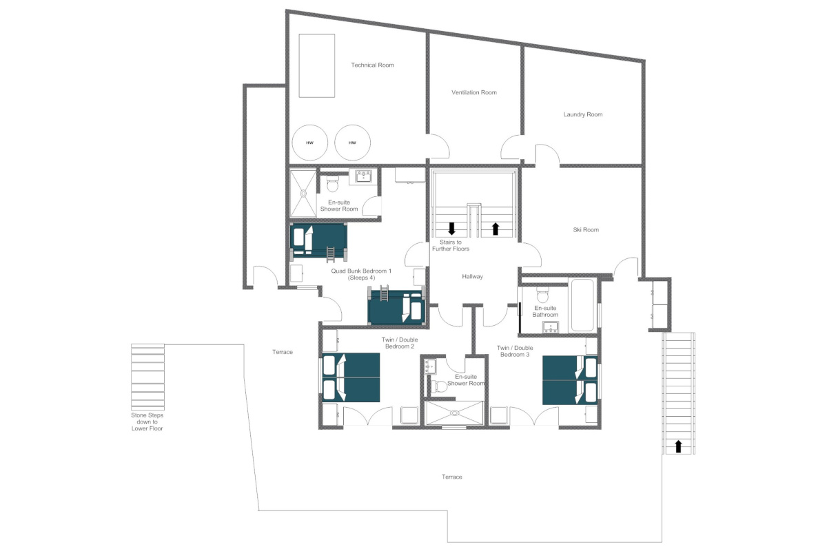 Chalet la Vigne Verbier floor plan first floor (sleeping level)