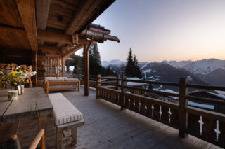 The balcony at Chalet Pierrier in Verbier just after sunset