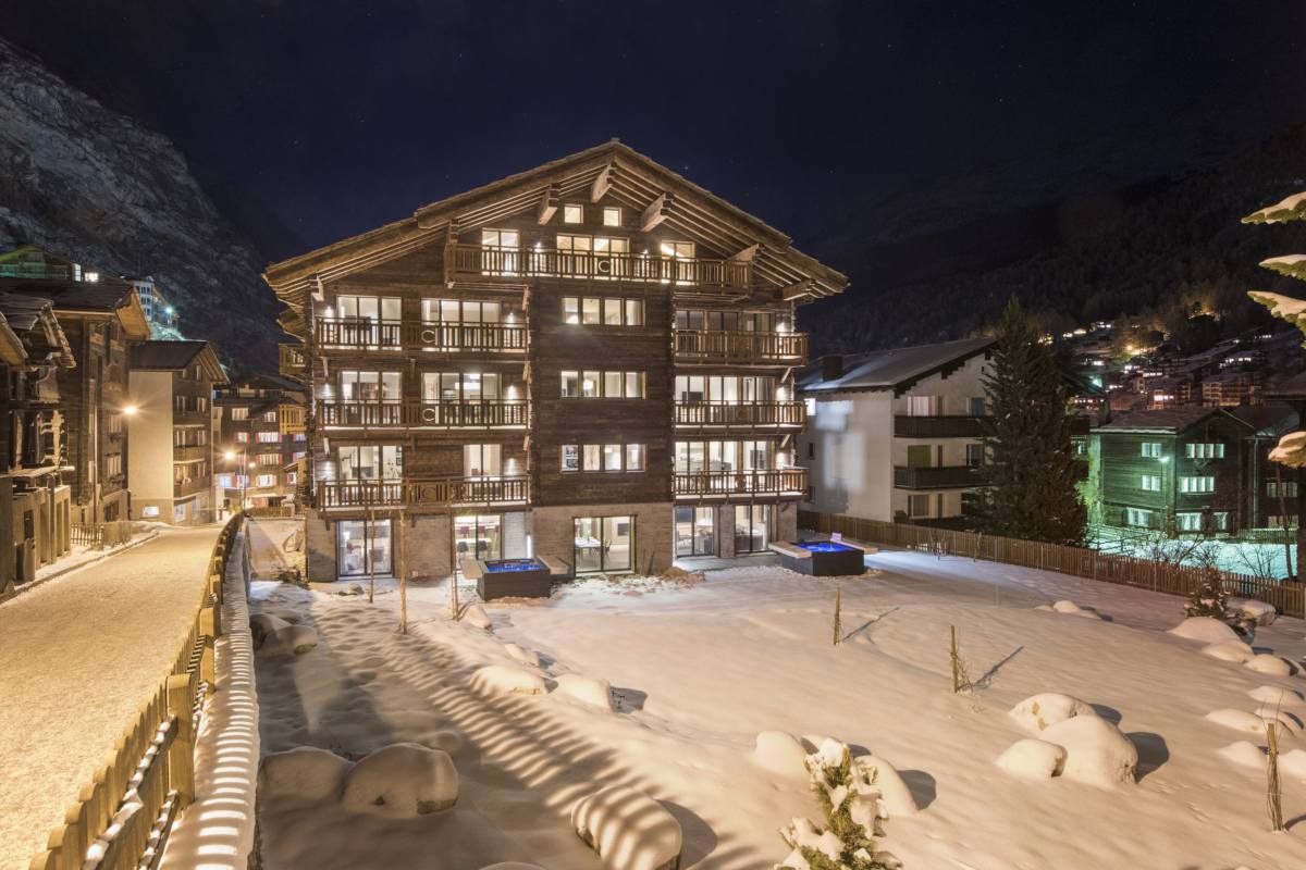 Exterior in winter of the Christiania Residence in Zermatt