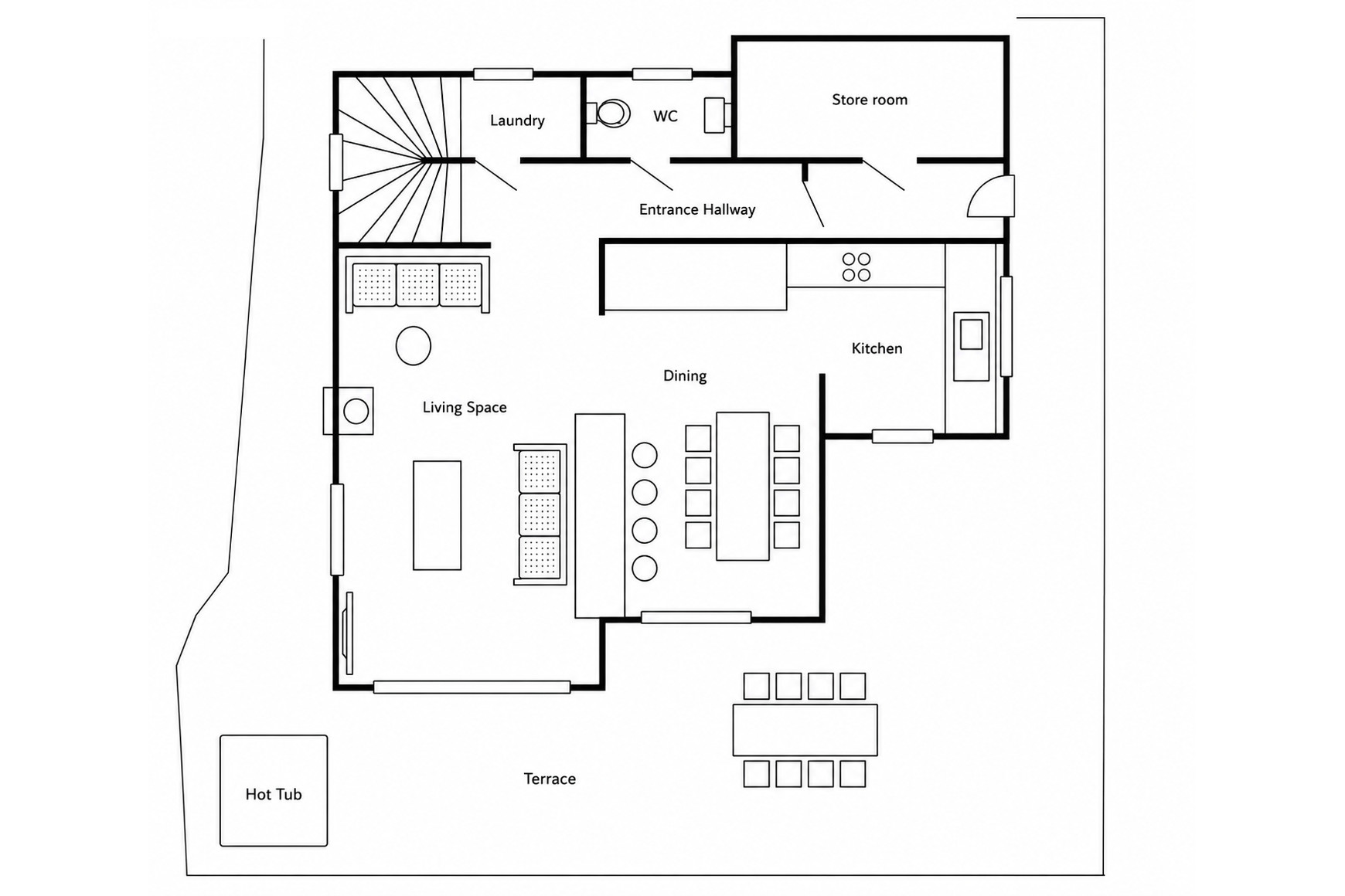 Floor plan of ground floor at Chalet Gemini in Zermatt