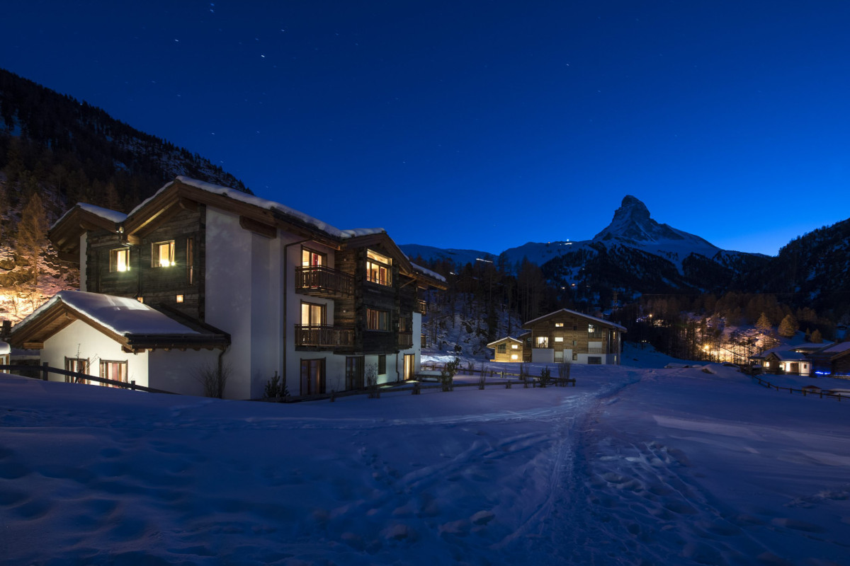 Evening light at Chalet Shalimar and The Matterhorn at Chalet Shalimar in Zermatt