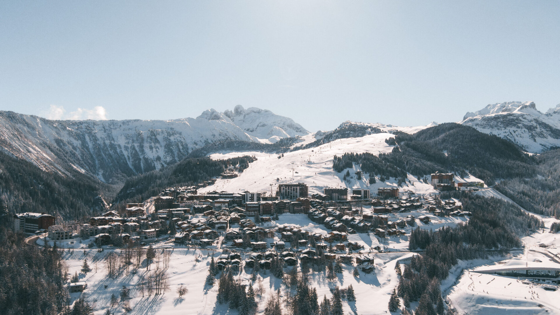 Aerial view of Courchevel 1650 in winter
