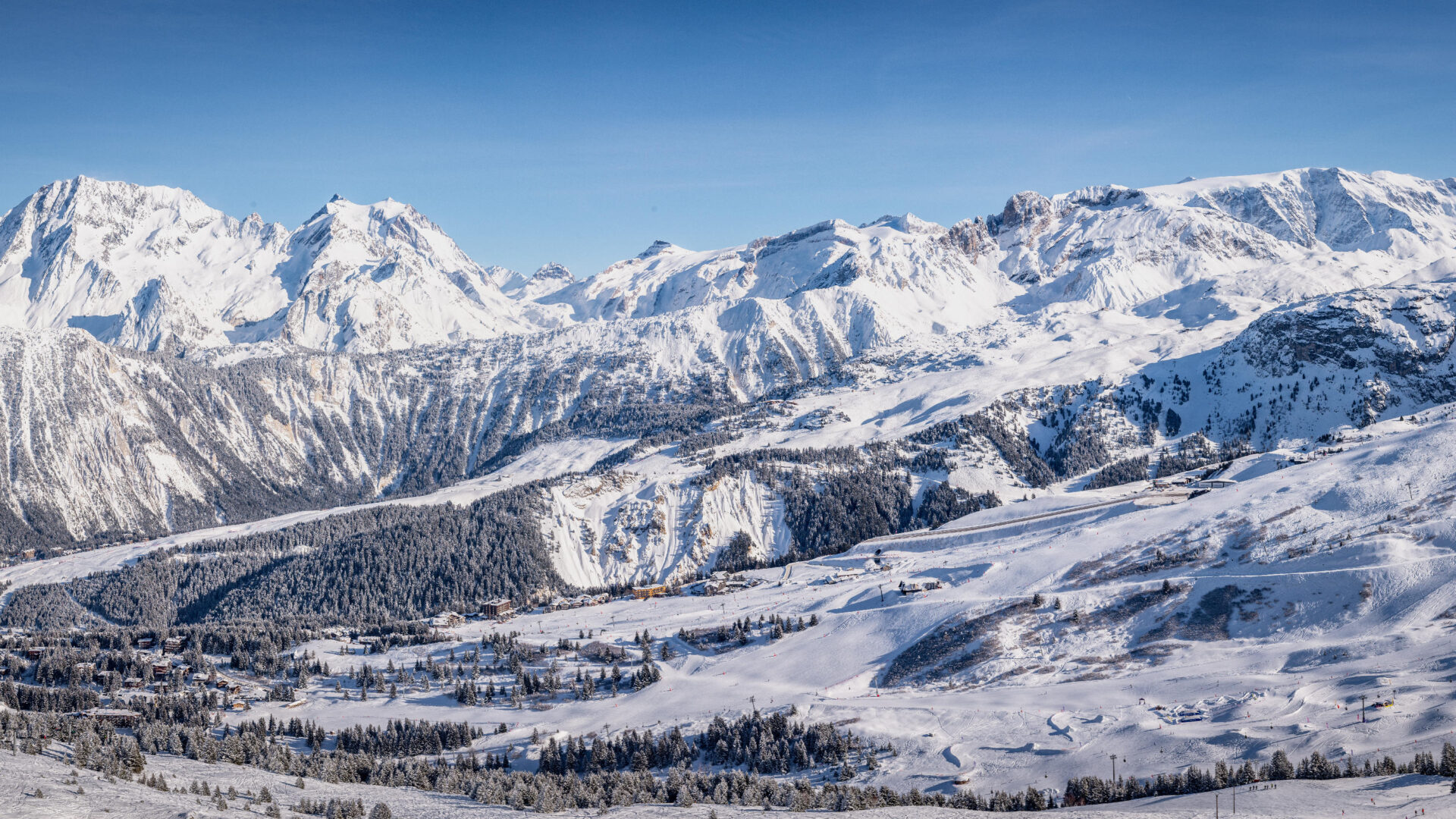 Aerial panorama of Courchevel 1850 in winter