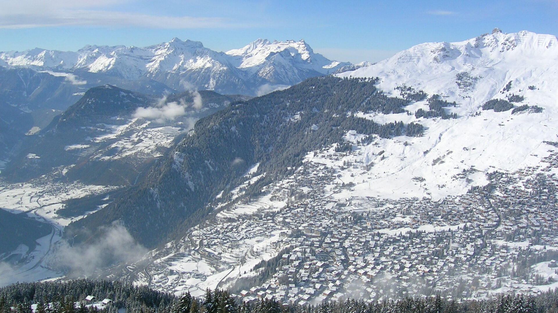 View over Verbier in winter