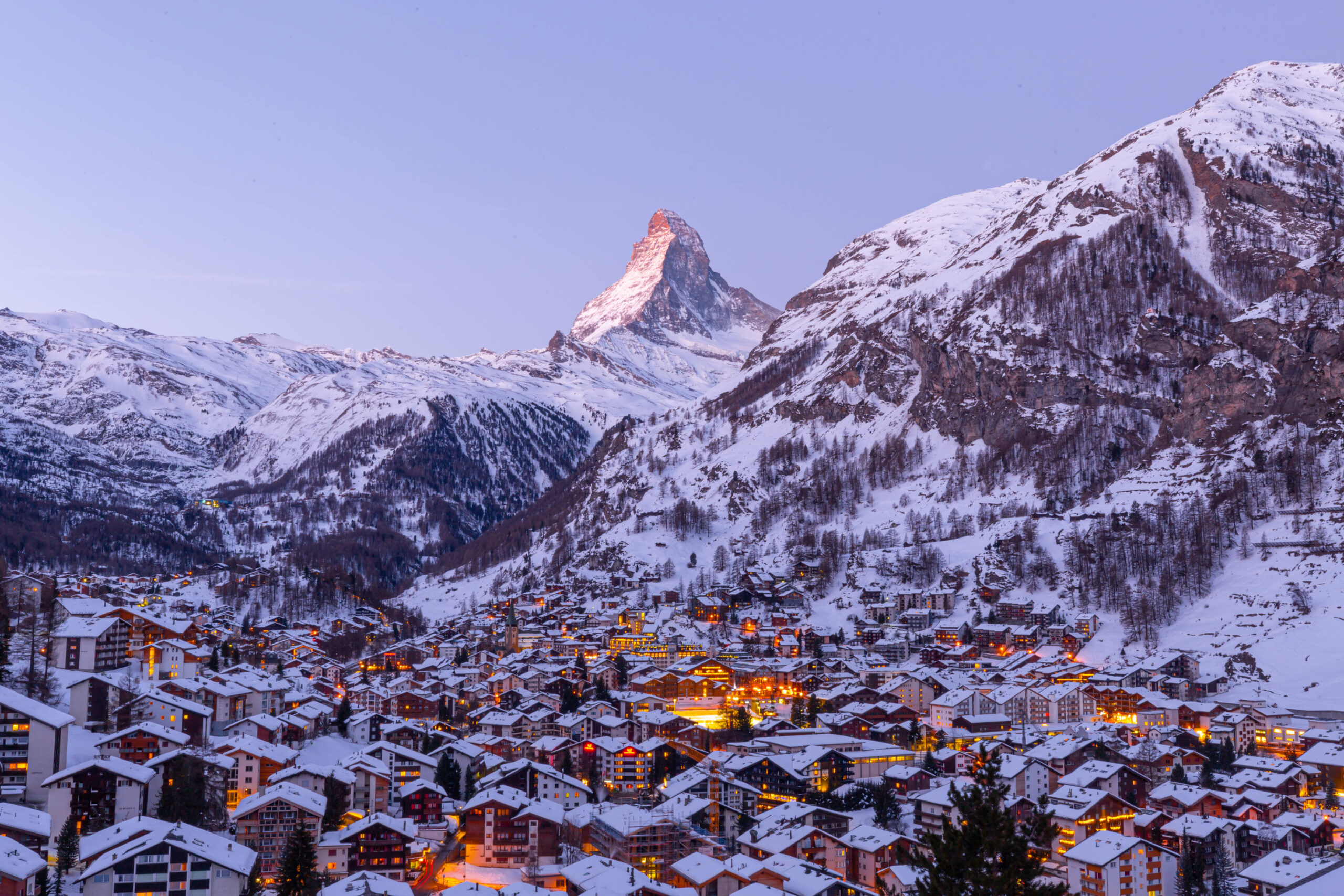 View over Zermatt at dawn with the Matterhorn in the background